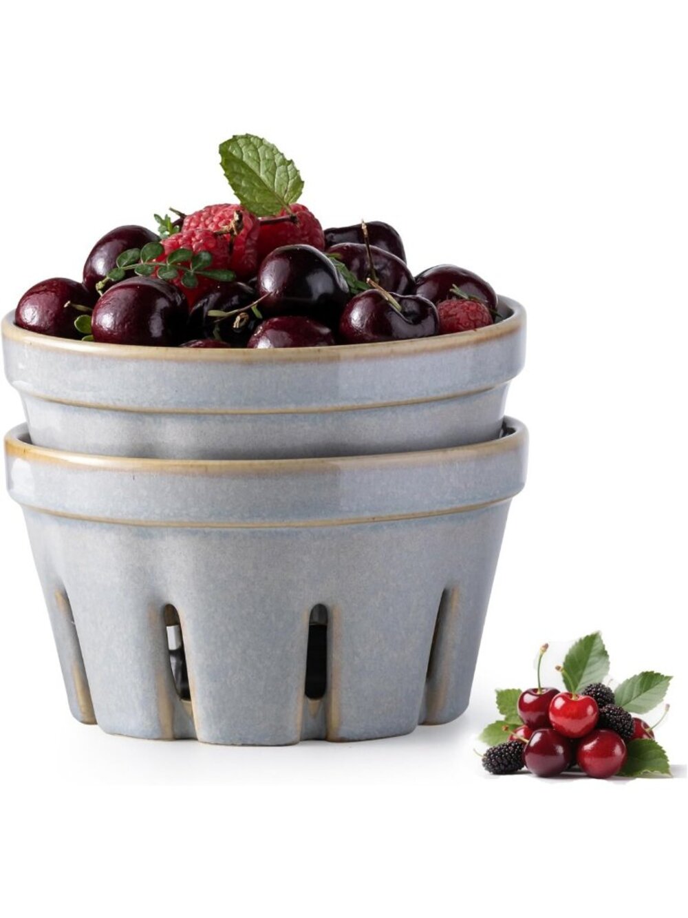 Ceramic Berry Bowl Set of 2 | Stylish Fruit Containers for Fridge, Gray